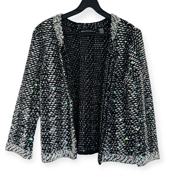 Dana Buchman Sequin Wool Angora Blend Tweed Cardigan Sweater Size Large - Picture 3 of 4